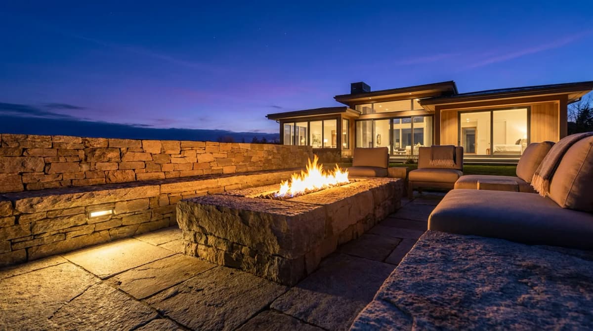 Natural stone fire pit in an outdoor terrace setting