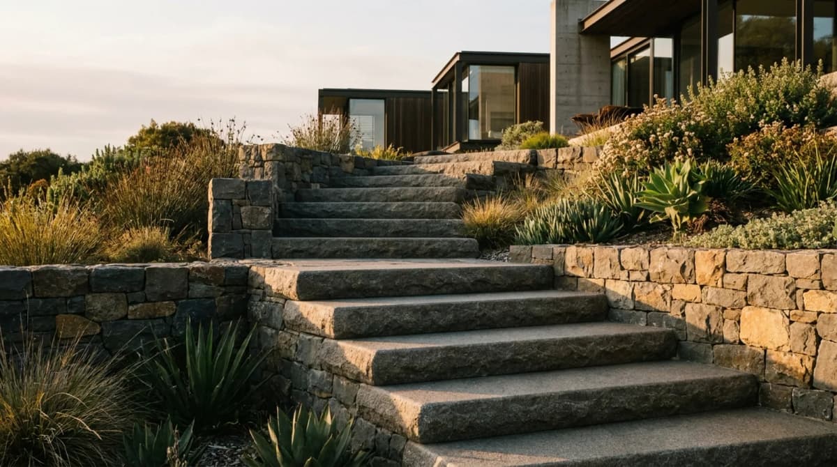 Natural stone steps in a landscaped garden