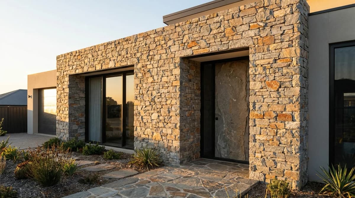 Natural stone veneer wall cladding on a building facade