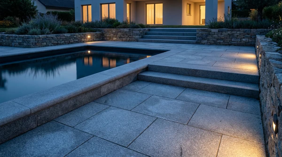 Natural stone pavers in a garden setting