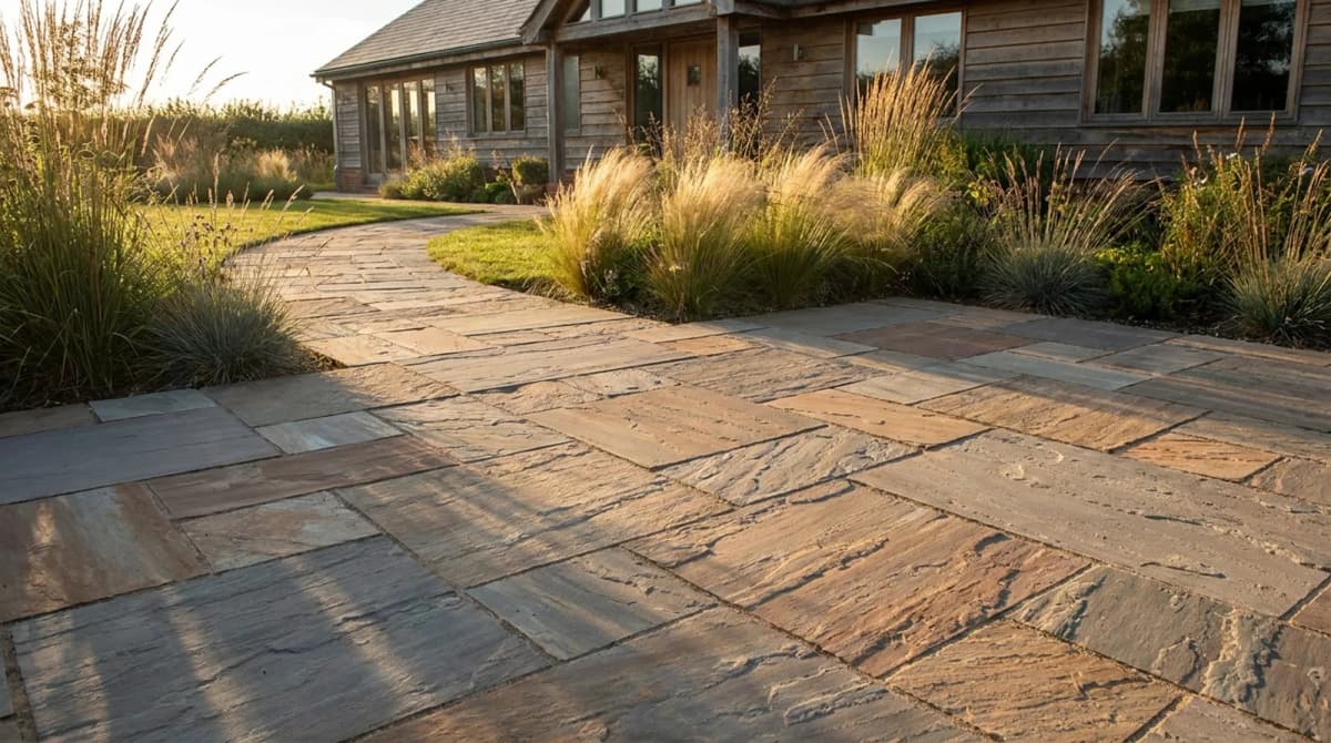 Random sandstone flagstone in a garden path