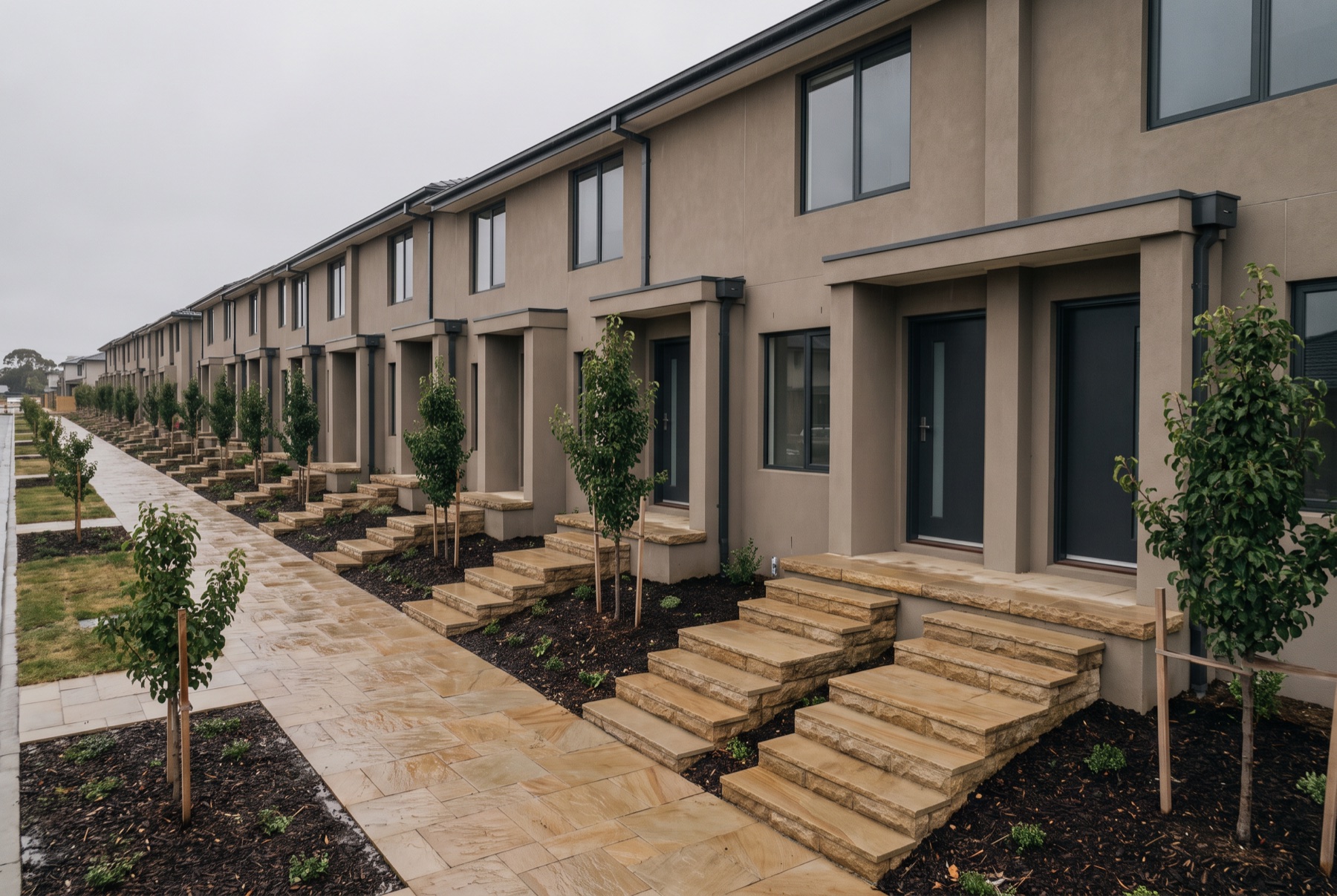 An elevated view of a townhome development with identical stone walkways and steps across every unit.