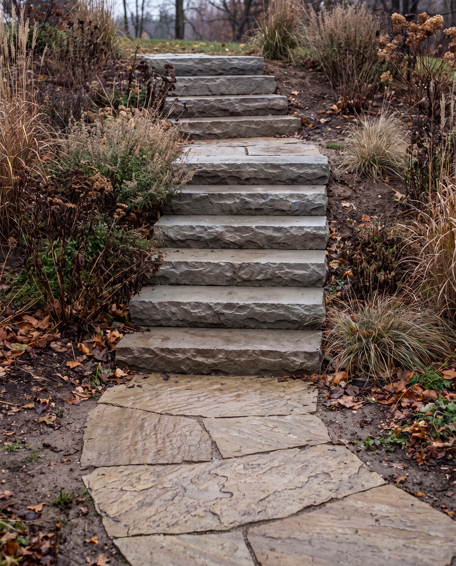 A completed flight of solid Silver Grey sandstone steps set into a graded Ontario slope.