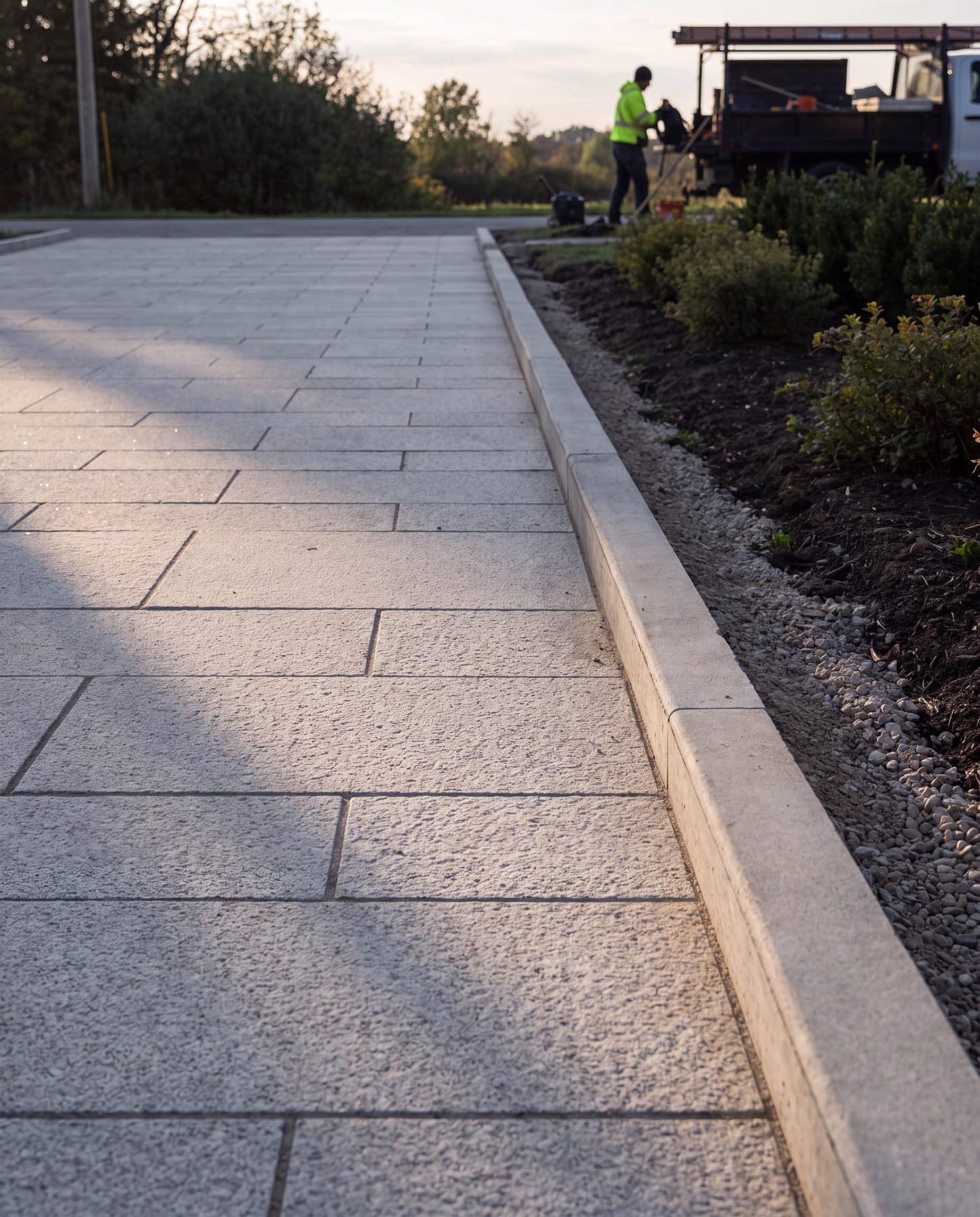 A finished grey granite driveway with tight joints and clean edge restraint at close of day in Ontario.