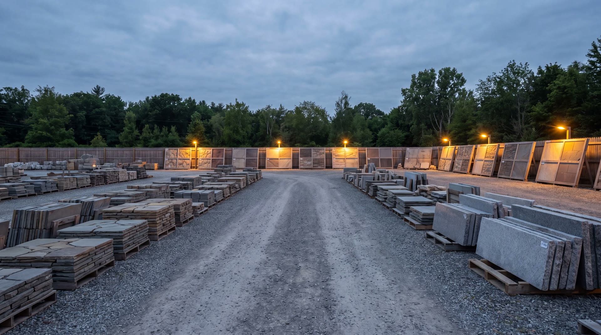 A natural-stone supply yard at dusk, pallets of pavers and slabs beside lit sample display bays.