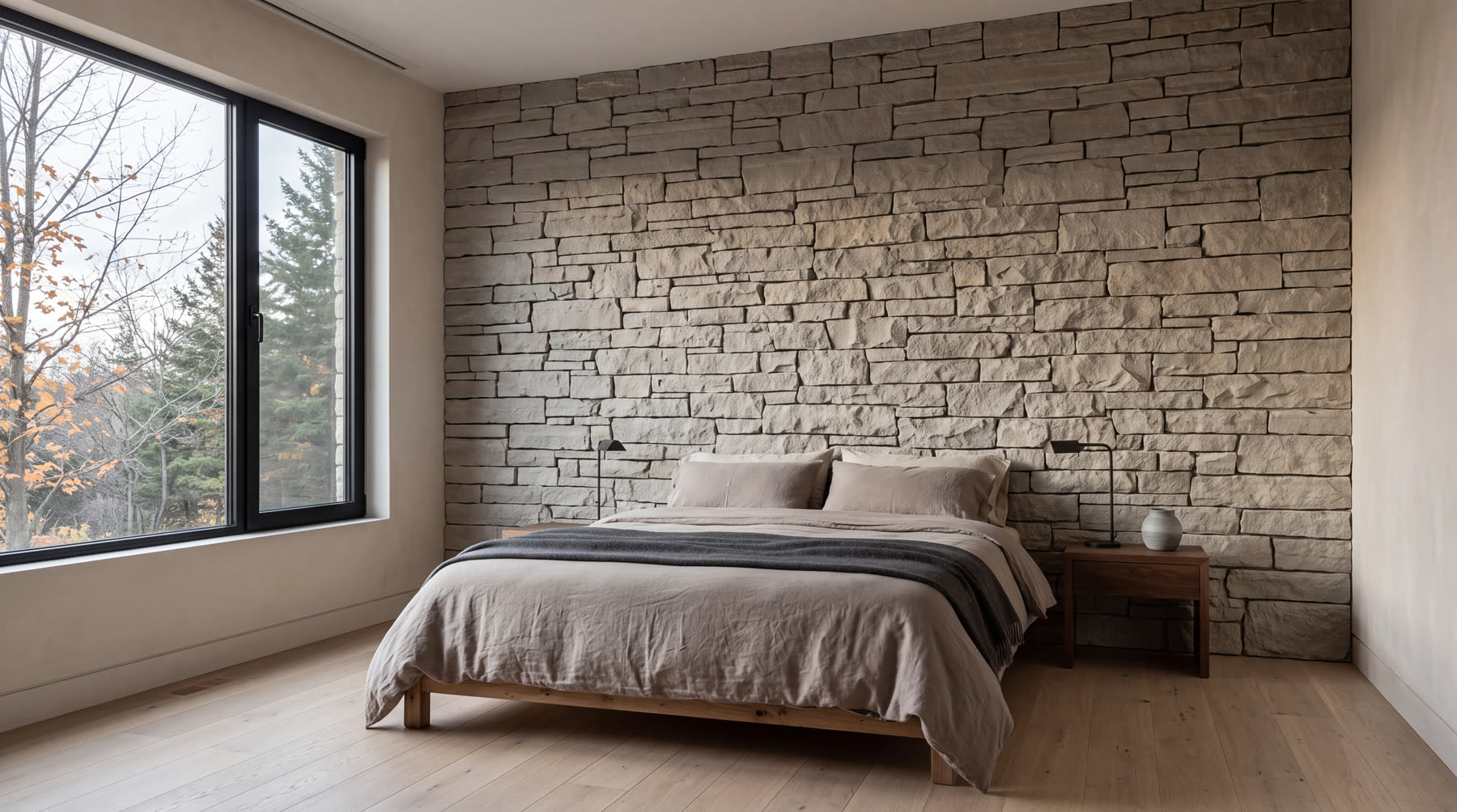 A dry-stacked cleft sandstone wall behind the bed in a Canadian bedroom, autumn maples and evergreens outside the window.