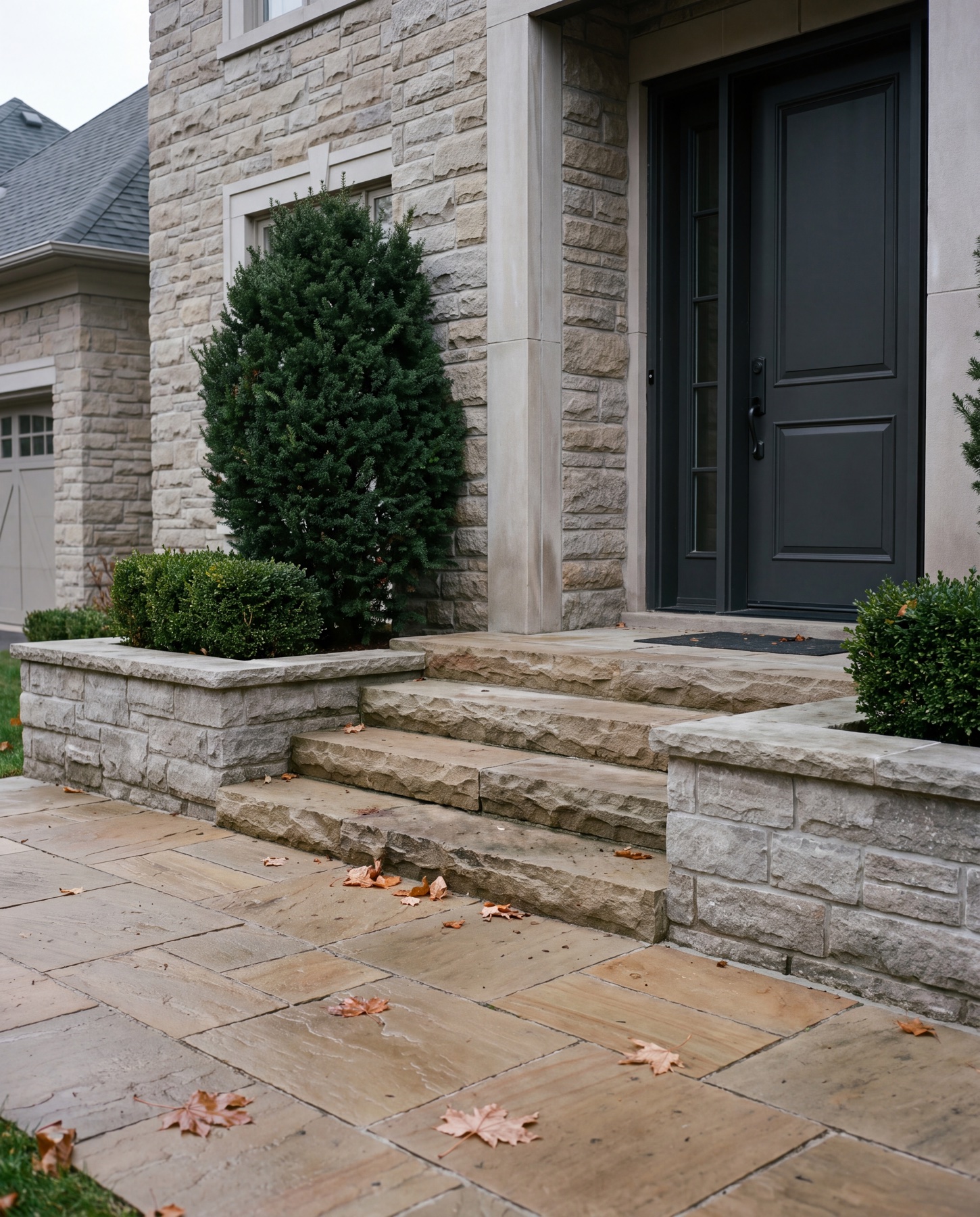 A Fossil sandstone walkway and rockfaced steps to a Canadian front entrance on an overcast morning.