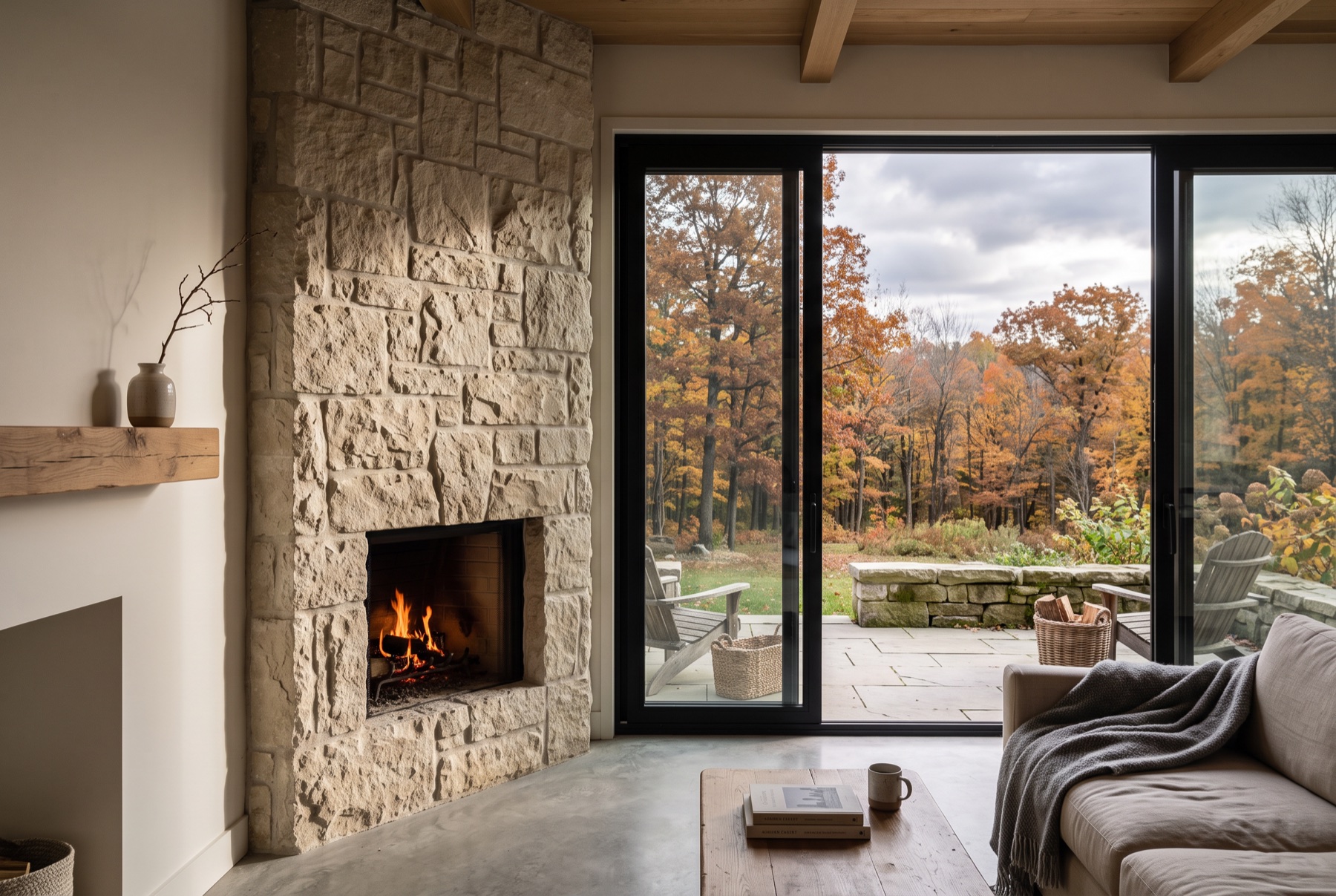 A limestone fireplace opening to a stone terrace and autumn maples in an Ontario home.