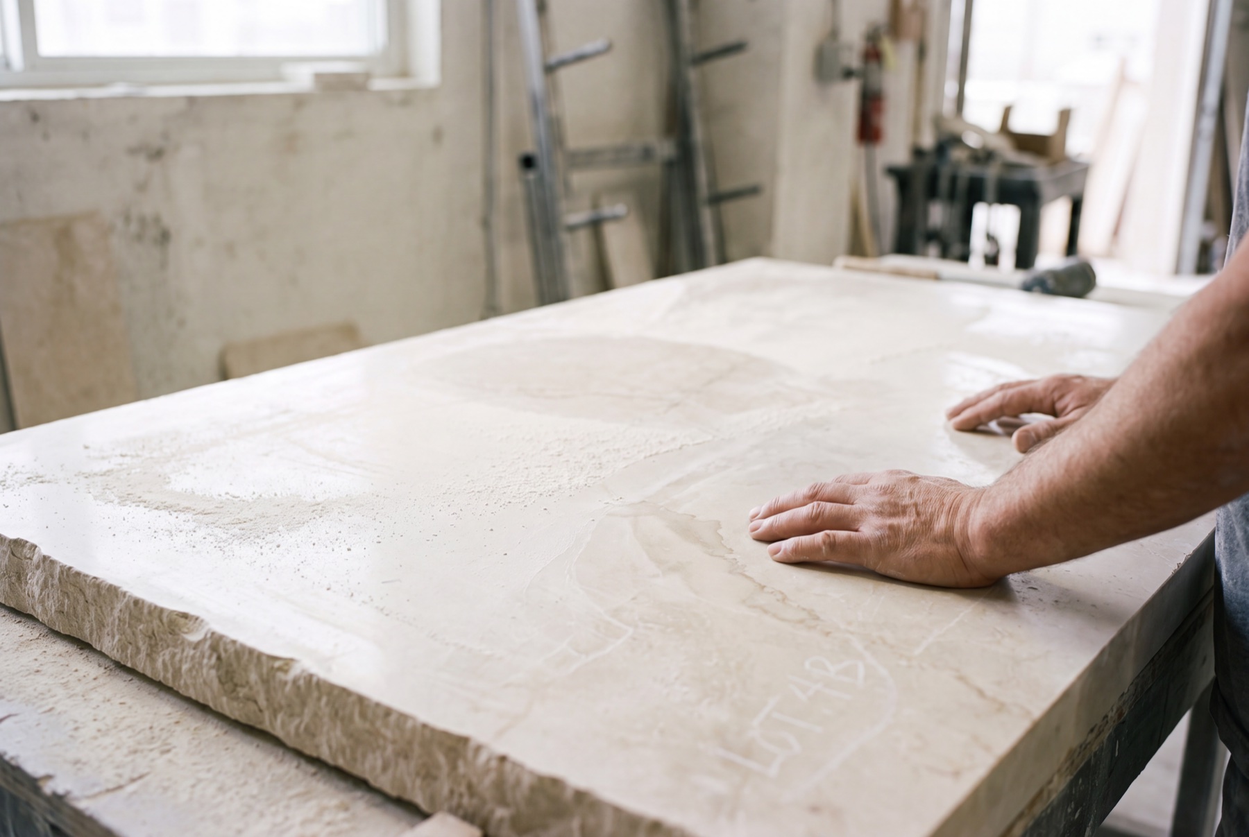 Two hands resting on a honed Chateau limestone slab in a fabrication studio.