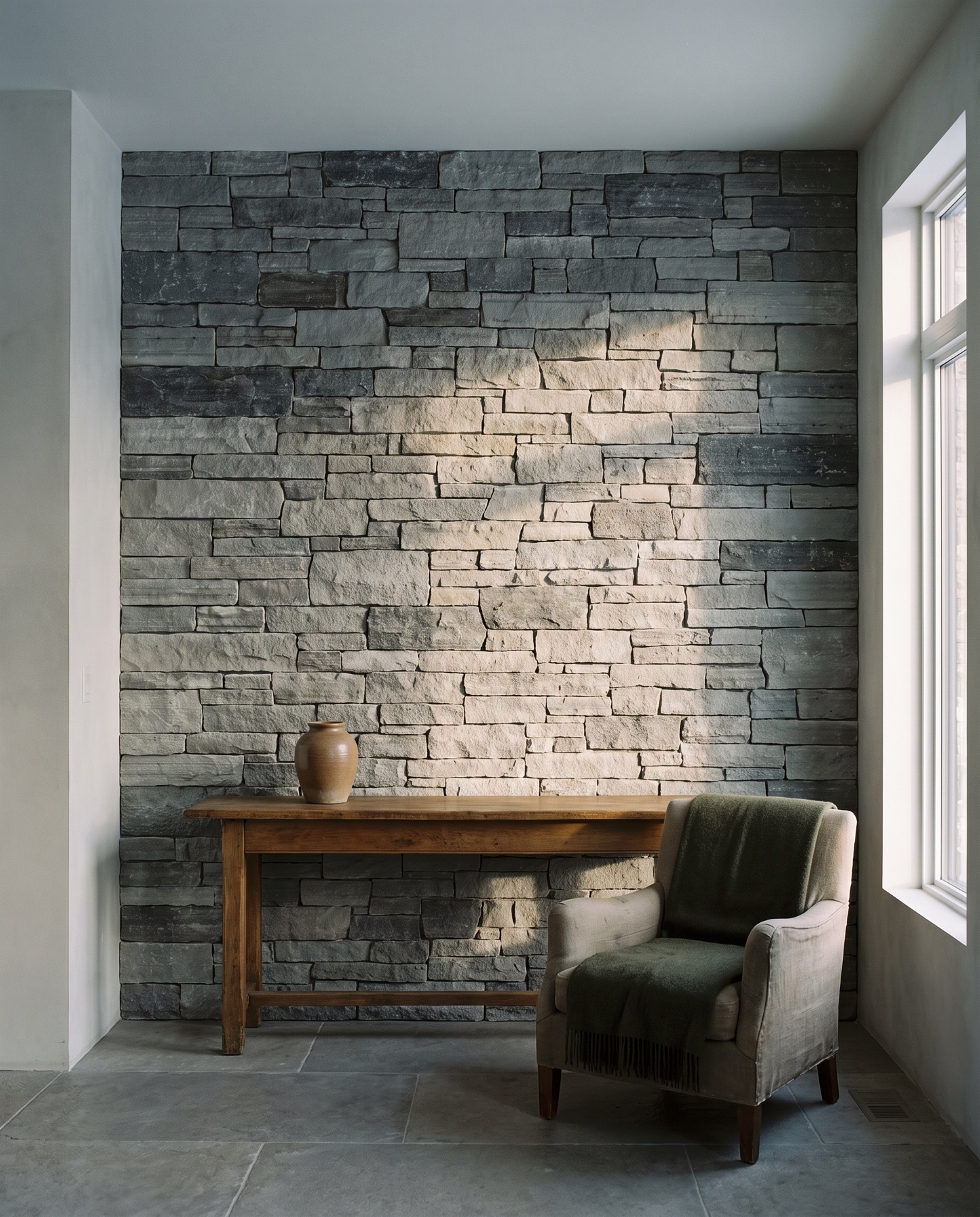 A full-height Silver Grey sandstone feature wall in a calm Canadian living space.